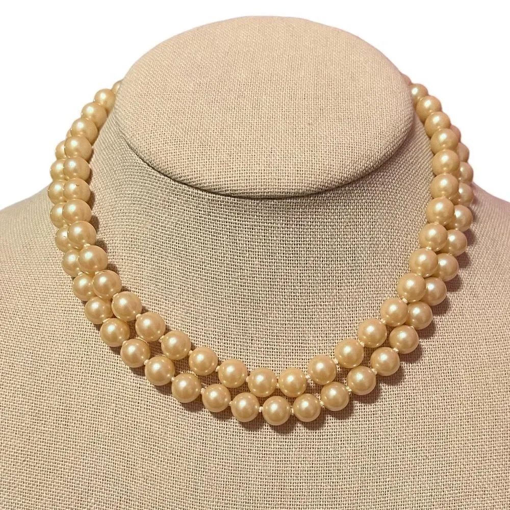 Vintage Double Strand Pearl Choker Style Necklace With Ball Clasp